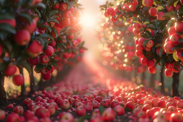 Une rangée d'arbres chargés de pommes rouges