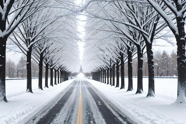 Photo une rangée d'arbres couverts de neige à côté d'une route