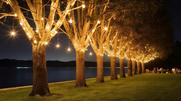 Photo une rangée d'arbres décorés d'ampoules suspendues pendant une fête la nuit au lac sevan en arménie