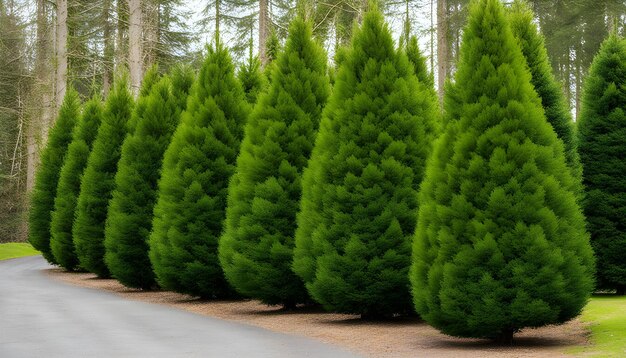 une rangée d'arbres à feuilles persistantes avec une route en arrière-plan