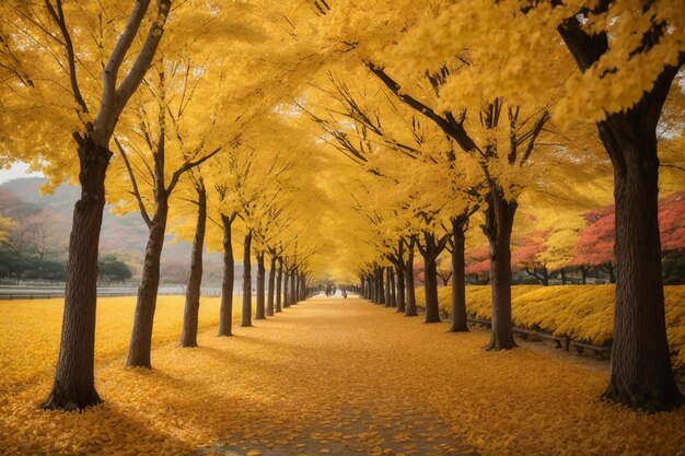 Une rangée d'arbres de ginkgo jaunes dans l'île de Nami en Corée