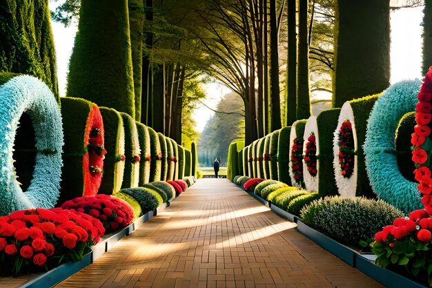 Photo une rangée d'arbres avec une rangée de fleurs au milieu.