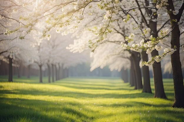 une rangée d'arbres avec le soleil qui brille à travers eux