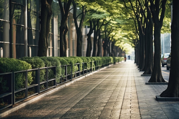 Photo une rangée d'arbres sur un trottoir à côté d'un bâtiment convient pour des thèmes urbains et naturels