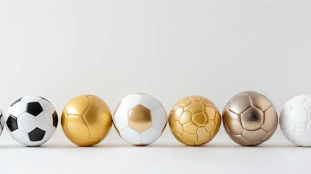 Photo une rangée de balles de football avec différentes nuances d'or et une balle de football noire et blanche à gauche