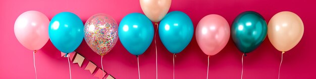 Une rangée de ballons colorés avec un fond rose