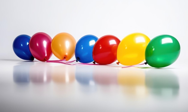 Une rangée de ballons colorés sont alignés.