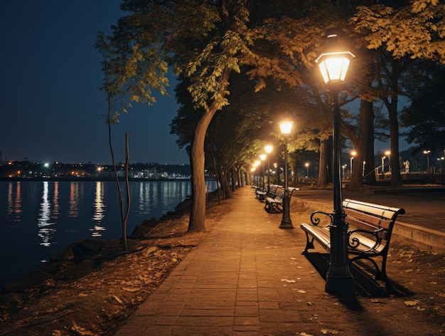 une rangée de bancs au bord de l'eau la nuit