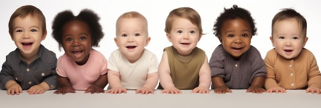 Photo rangée de bébés multiethniques souriant en studio