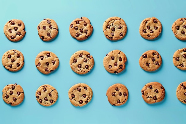 Une rangée de biscuits au chocolat sur un fond bleu