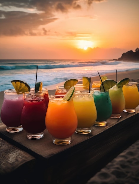 Une rangée de boissons colorées sur une plage avec un coucher de soleil en arrière-plan.