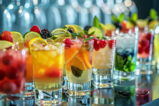 Une rangée de boissons colorées avec une variété de fruits et de cubes de glace