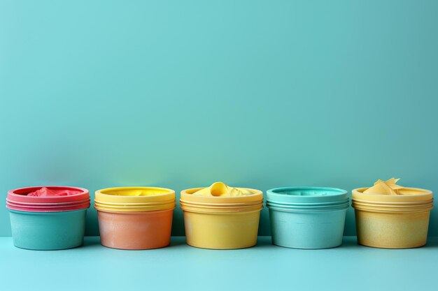 Une rangée de bols colorés sur une table bleue