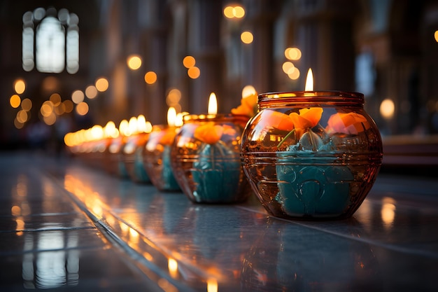 Photo une rangée de bougies allumées dans une église sombre foi et prière