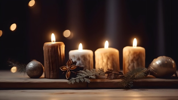 Une rangée de bougies avec un arbre de Noël sur le côté gauche