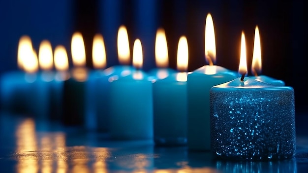 Rangée de bougies étincelantes diverses éclairant un cadre bleu Idée de carte de joyeux anniversaire