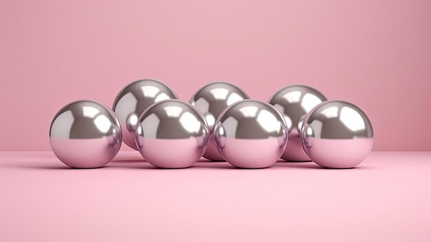 une rangée de boules d'argent sur un fond rose