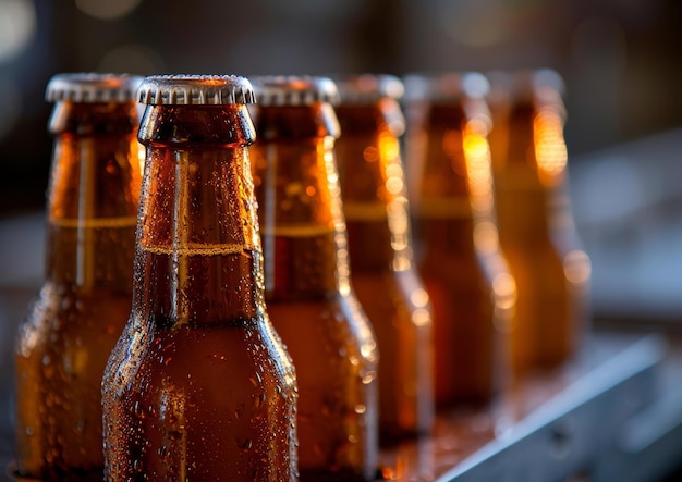 Une rangée de bouteilles de bière sur une table