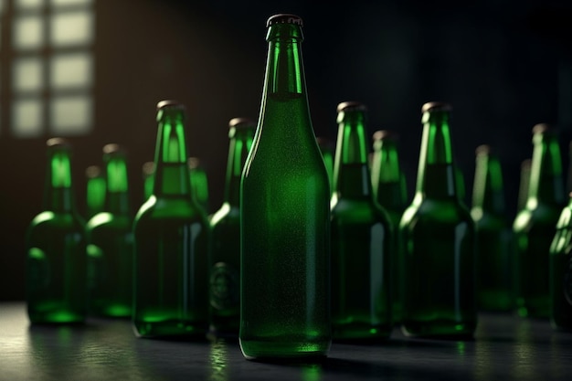 Une rangée de bouteilles de bière verte avec une qui dit "bière" dessus