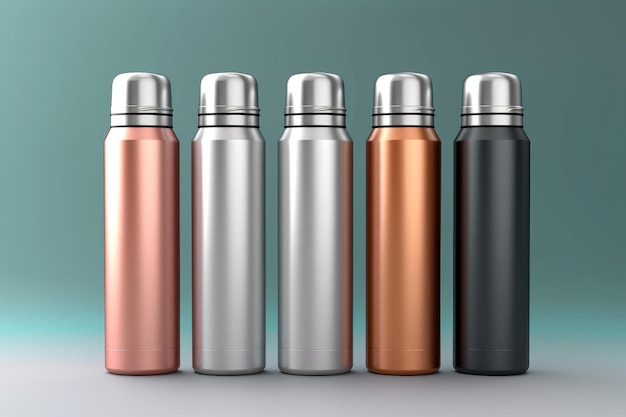 Une rangée de bouteilles d'eau réutilisables en acier inoxydable de différentes couleurs.