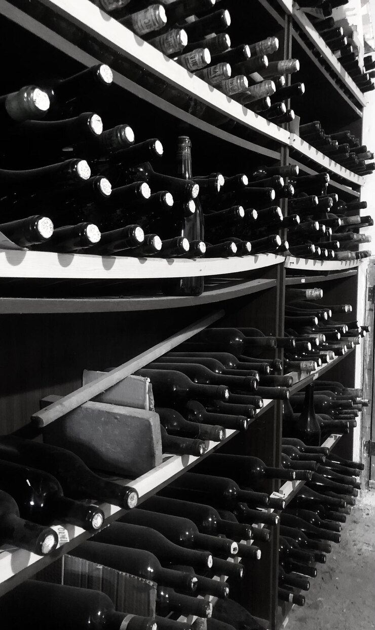 Photo une rangée de bouteilles de vin sur un rack