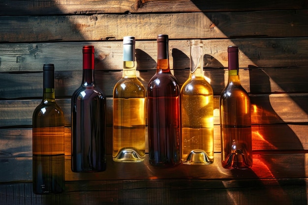 Une rangée de bouteilles de vin sur une table en bois