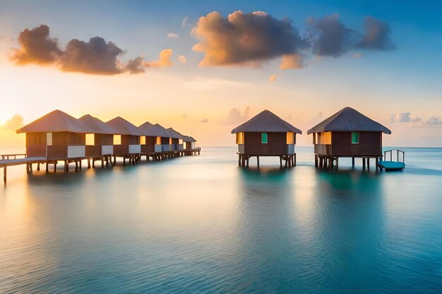 Une rangée de bungalows avec le coucher du soleil à l'horizon