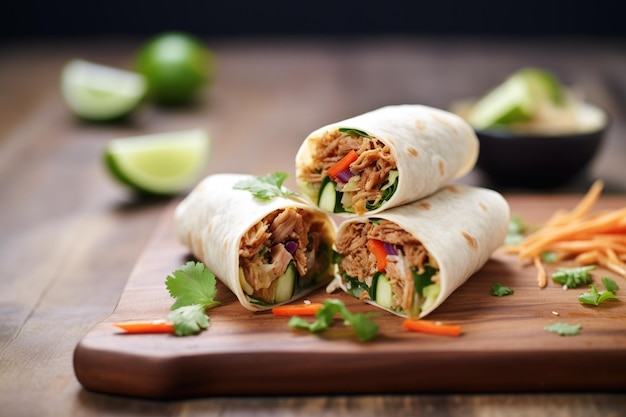 Rangée de burritos de porc effiloché sur une planche de bois