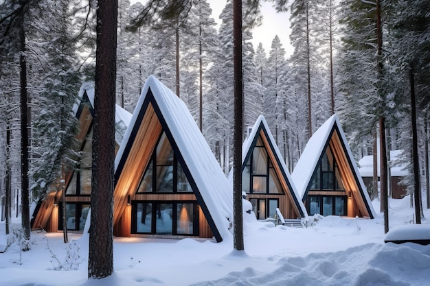 Une rangée de cabanes dans les bois avec de la neige au sol Image AI générative