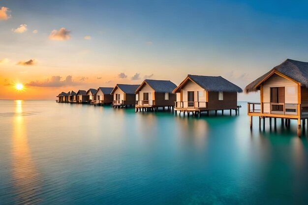 Une rangée de cabanes de plage sur l'eau