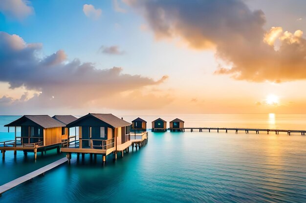 Une rangée de cabines de plage sur l'eau avec un ciel coucher de soleil en arrière-plan.