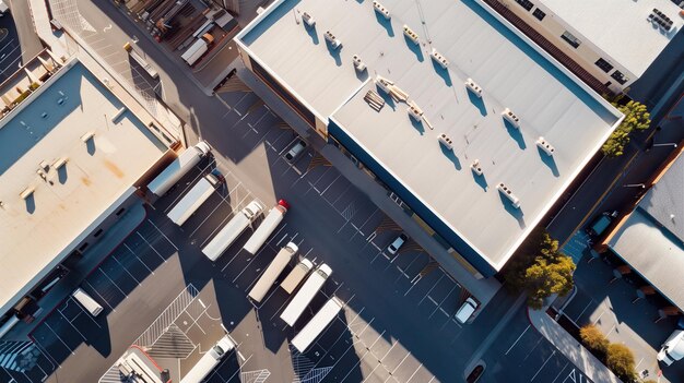 Une rangée de camions jaunes garés devant l'entrepôt