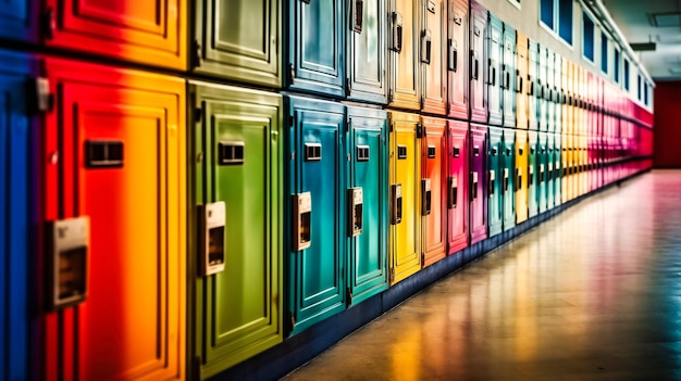 Une rangée de casiers scolaires colorés créant une atmosphère vibrante et animée dans un couloir