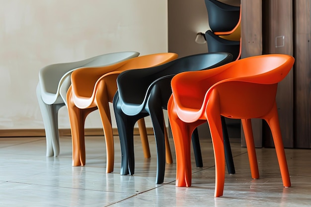 Une rangée de chaises de différentes couleurs assises l'une à côté de l'autre