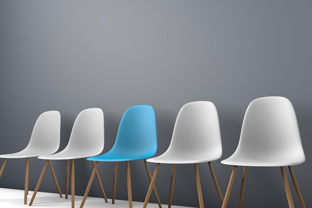 Rangée de chaises avec un impair sur Opportunité d'emploi Concept de recrutement de leadership d'entreprise rendu 3D