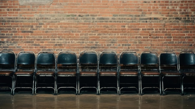 Une rangée de chaises noires devant un mur de briques