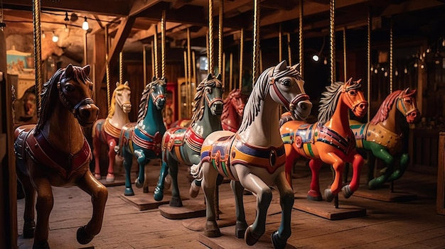 Photo une rangée de chevaux de carrousel sur un plancher en bois