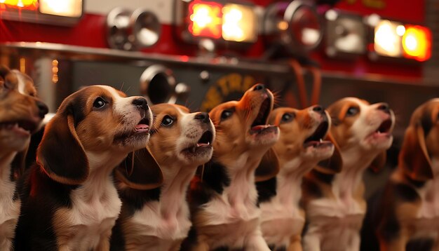 une rangée de chiots sont alignés devant un camion d'incendie