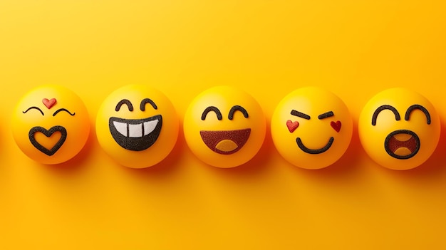 Une rangée de cinq visages emoji avec des expressions différentes sur un fond jaune