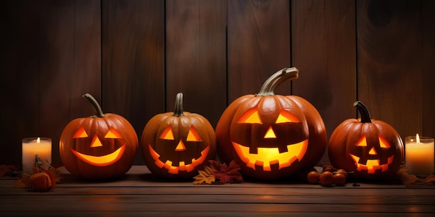 Rangée de citrouilles et de bougies jackolantern sur fond de table en bois fond d'Halloween IA générative