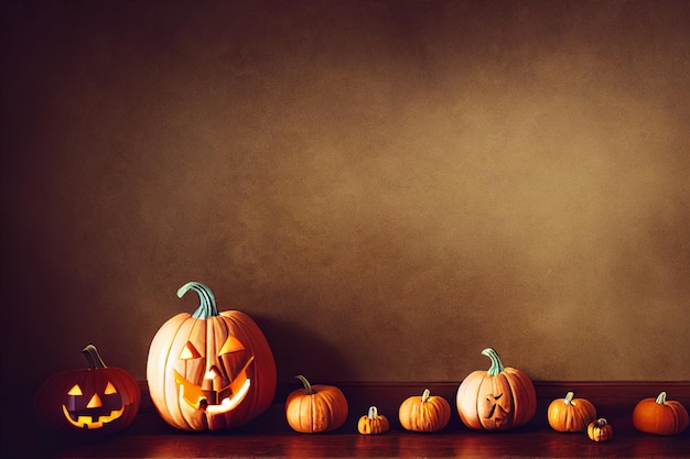 Rangée de citrouilles d'Halloween sur fond clair citrouille luminaire citrouille sur marbre