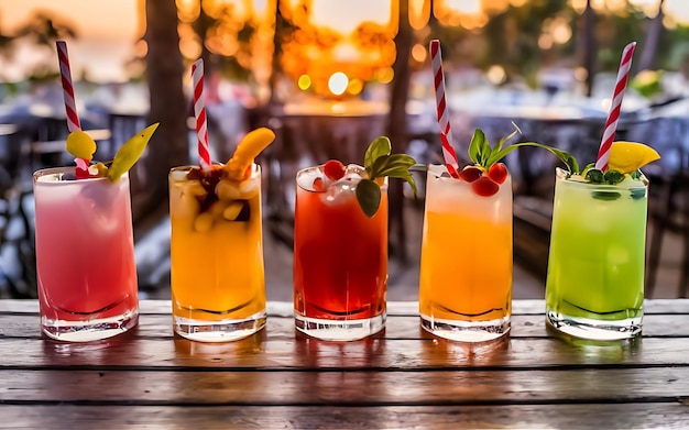 Une rangée de cocktails colorés sur une table en bois dans un restaurant au coucher du soleil