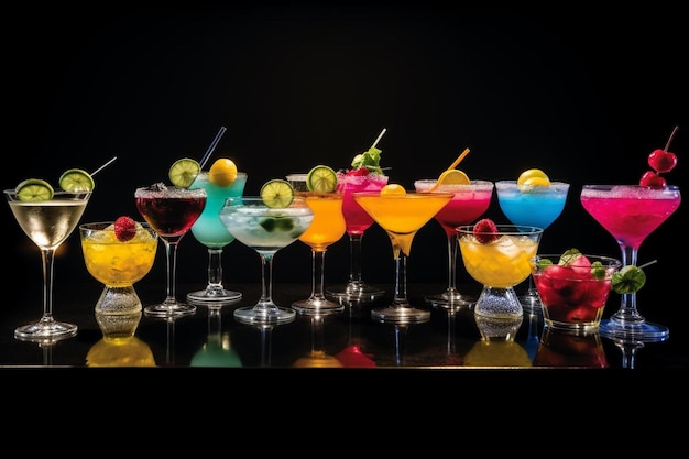 Une rangée de cocktails de différentes couleurs avec des fruits de différentes couleurs.