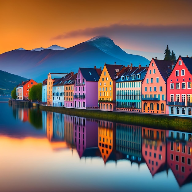 Rangée colorée de maisons sur un lac Reflet de maisons dans l'eau Vieux bâtiments en Europe