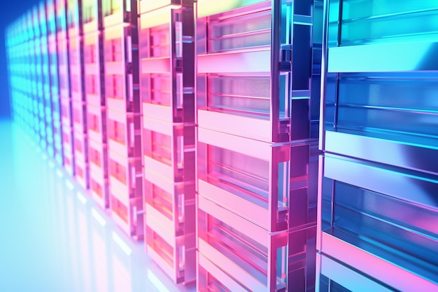 Photo une rangée colorée de supports de serveurs d'hébergement en bleu rose