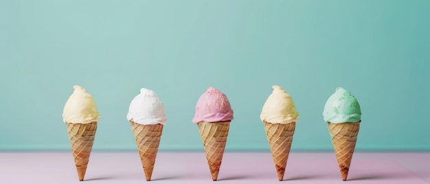 Une rangée de cônes de crème glacée colorés sur un fond pastel une douce gamme de saveurs