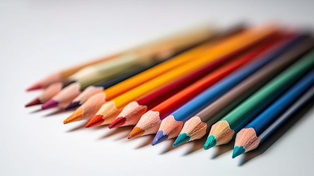 Une rangée de crayons colorés est alignée sur une surface blanche