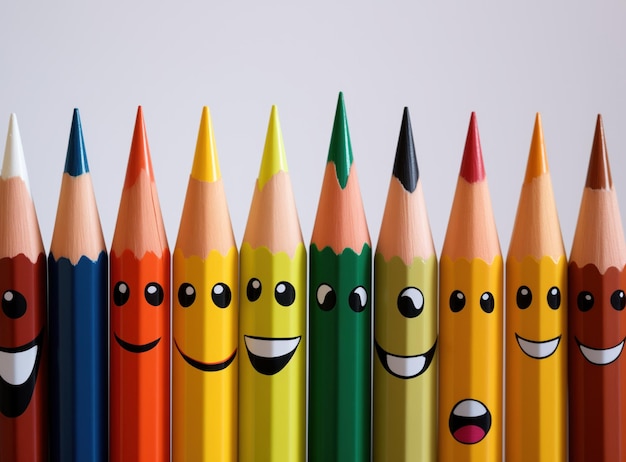 Photo une rangée de crayons colorés avec des expressions faciales