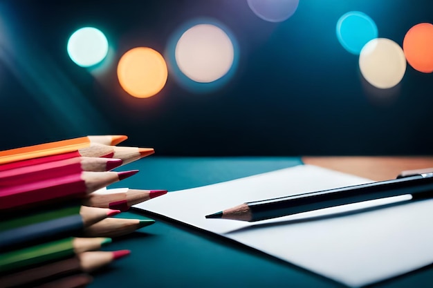 Une rangée de crayons de couleur est posée sur un bureau avec un papier sur la table.