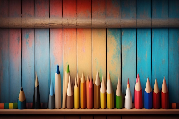 Une rangée de crayons de couleur sur une étagère